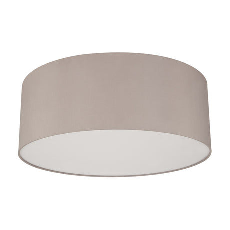 Baymont 3 Light Flush Ceiling Light, 60cm grey fabric drum shade with frosted acrylic diffuser underside, shown on a plain white background.