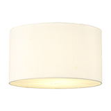 Baymont 3 Light Flush Ceiling Light, a 30cm ivory pearl drum-shaped fabric shade with warm glowing underside, shown on a plain white background.