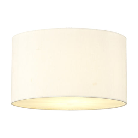Baymont 3 Light Flush Ceiling Light, a 30cm ivory pearl drum-shaped fabric shade with warm glowing underside, shown on a plain white background.
