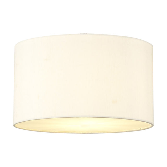 Baymont 3 Light Flush Ceiling Light, a 30cm ivory pearl drum-shaped fabric shade with warm glowing underside, shown on a plain white background.