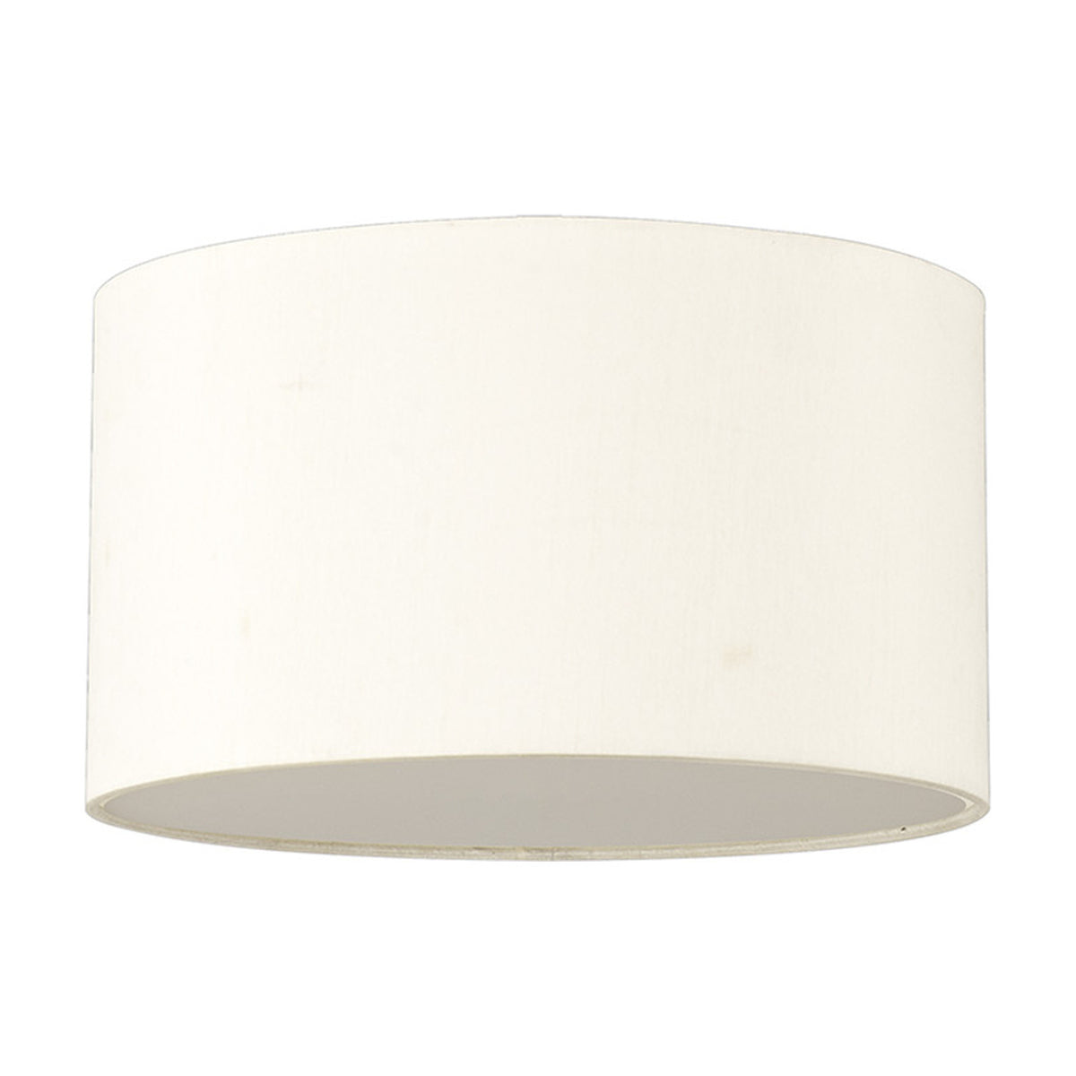 Baymont 3 Light Flush Ceiling Light, a 30cm ivory pearl fabric drum shade with white lining, shown against a plain white background.