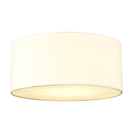 Baymont 3 Light E27 Flush Ceiling Light 40cm in ivory pearl faux silk with a broad drum shade and frosted acrylic diffuser, shown on a plain white background.