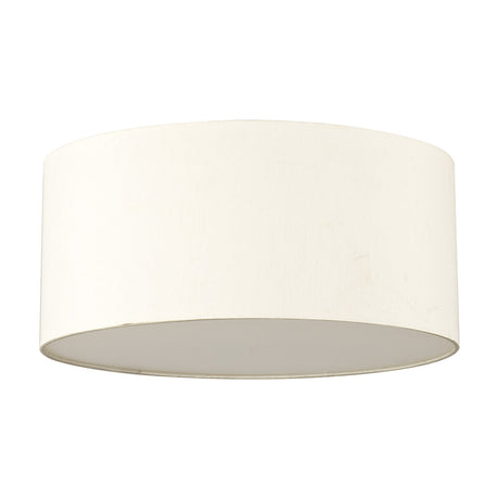 Baymont 3 Light E27 Flush Ceiling Light 40cm in Ivory Pearl, a drum-shaped fabric shade with white lining, shown on a plain white background.
