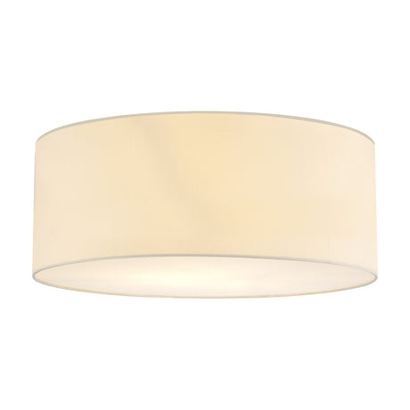 Baymont 3 Light E27 Flush Ceiling Light 60cm in Ivory Pearl, a wide fabric drum shade with frosted acrylic diffuser, shown on a plain white background.