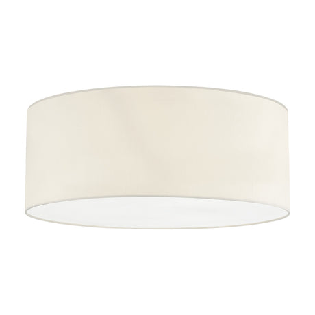 Baymont 3 Light E27 Flush Ceiling Light 60cm in ivory pearl faux silk, a wide shallow drum shade with white frosted acrylic diffuser, shown on a plain white background.