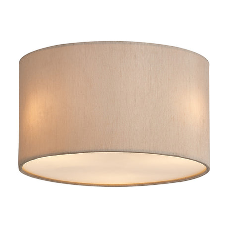 Baymont 3 Light E27 flush ceiling light in nude beige, a drum-shaped fabric shade, 30cm, with frosted acrylic diffuser underside, shown on a plain white background.