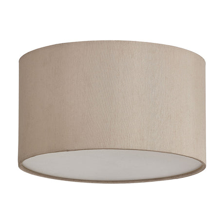 Baymont 3 Light E27 flush ceiling light, 30cm nude beige faux silk drum shade with frosted acrylic diffuser, shown on a plain white background.
