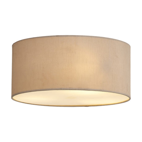 Baymont 3 Light E27 Flush Ceiling Light 40cm in Nude Beige, a wide drum-shaped fabric shade with frosted acrylic diffuser, shown against a plain white background.