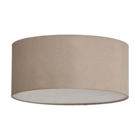 Baymont 3 Light E27 flush ceiling light, 40cm nude beige faux silk drum shade with frosted acrylic diffuser, shown on a plain white background.