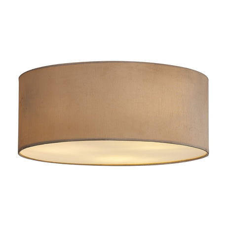 Baymont 3 Light E27 Flush Ceiling Light 50cm in nude beige, a wide fabric drum shade with frosted acrylic diffuser glowing from beneath, shown on a plain white background.