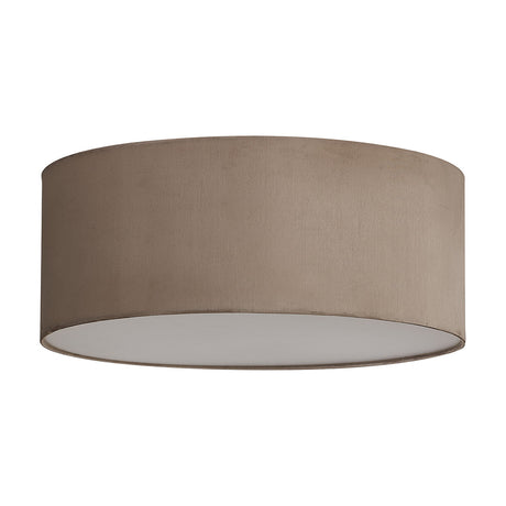 Baymont 3 Light E27 flush ceiling light, 50cm nude beige faux silk drum shade with frosted acrylic diffuser, shown against a plain white background.