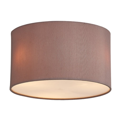 Baymont 3 Light Flush Ceiling Light, 30cm taupe faux silk drum shade with frosted acrylic diffuser, shown on a plain white background.