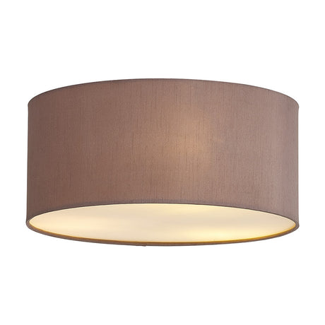 Baymont 3 Light Flush Ceiling Light 40cm, taupe faux silk drum shade with gold lining and frosted diffuser base, on a plain white background.