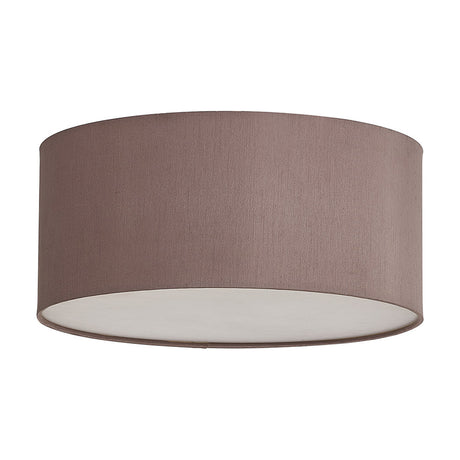 Baymont 3 Light Flush Ceiling Light, 40cm taupe faux silk drum shade with frosted acrylic diffuser base, shown on a plain white background.