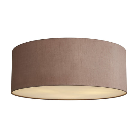Baymont 3 Light Flush Ceiling Light, 60cm taupe faux silk drum shade with frosted acrylic diffuser, shown on a plain white background.