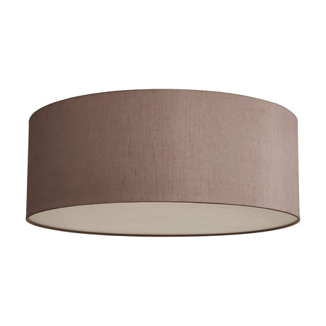 Baymont 3 Light Flush Ceiling Light 60cm in taupe faux silk, a wide shallow drum shade with frosted acrylic diffuser, shown on a plain white background.