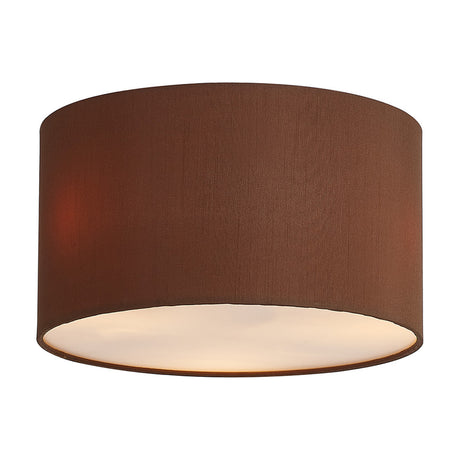 Baymont 3 Light E27 flush ceiling light, 30cm drum-shaped raw cocoa fabric shade with white diffuser base, shown on a plain white background.