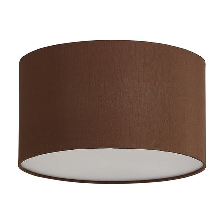 Baymont 3 Light E27 Flush Ceiling Light 30cm in Raw Cocoa, a round drum shade with fabric exterior and pale diffuser base, shown on a plain white background.