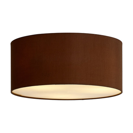 Baymont 3 Light E27 Flush Ceiling Light 40cm in Raw Cocoa, a wide drum-shaped fabric shade with bronze-toned interior and frosted acrylic diffuser, shown on a plain white background.