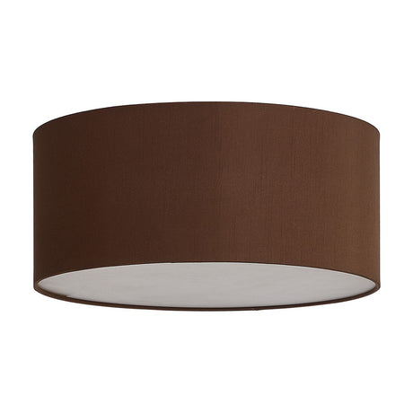 Baymont 3 Light E27 Flush Ceiling Light 40cm in Raw Cocoa, a wide drum-shaped fabric shade with frosted acrylic diffuser, shown on a plain white background.