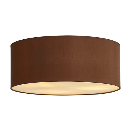 Baymont 3 Light E27 Flush Ceiling Light 50cm, a wide drum-shaped fixture in raw cocoa fabric with a frosted acrylic diffuser base, shown on a plain white background.