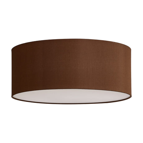 Baymont 3 Light E27 Flush Ceiling Light 50cm in Raw Cocoa, a wide drum-shaped fabric shade with frosted acrylic diffuser base, shown on a plain white background.