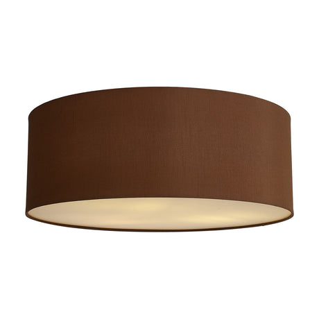 Baymont 3 Light E27 Flush Ceiling Light 60cm in raw cocoa faux silk drum shade with frosted acrylic diffuser and bronze inner face, shown on a white background.