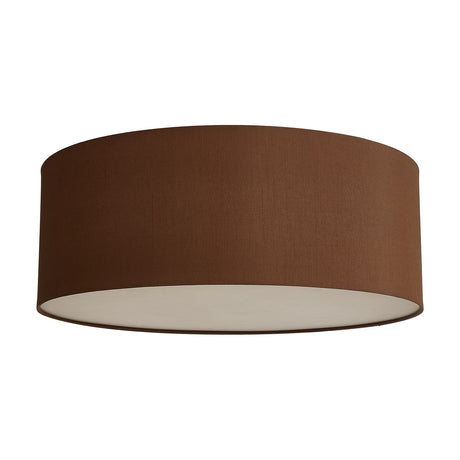 Baymont 3 Light E27 Flush Ceiling Light 60cm in Raw Cocoa, a wide drum-shaped fabric shade with frosted acrylic diffuser visible beneath, shown against a plain white background.
