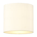 Baymont 3 Light Flush Ceiling Light, a cylindrical ivory pearl fabric drum shade, 30cm wide, with white lining and frosted diffuser base, shown on a plain white background.