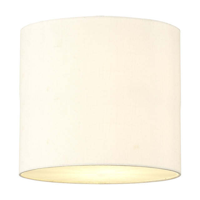 Baymont 3 Light Flush Ceiling Light, a cylindrical ivory pearl fabric drum shade, 30cm wide, with white lining and frosted diffuser base, shown on a plain white background.