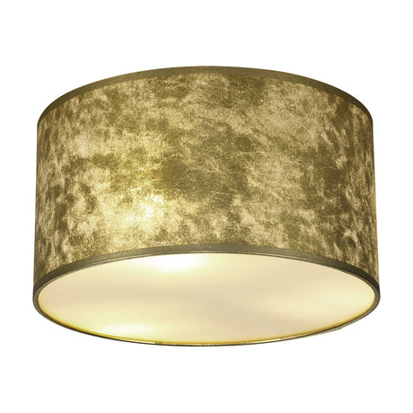 Baymont 3 Light E27 Flush Ceiling Light 30cm in Gold Leaf, a round drum shade with mottled gold finish and glowing white diffuser underside, shown on a plain white background.