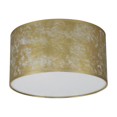 Baymont 3 Light E27 Flush Ceiling Light, 30cm drum shade in gold leaf finish with mottled texture and white diffuser base, shown on a plain white background.