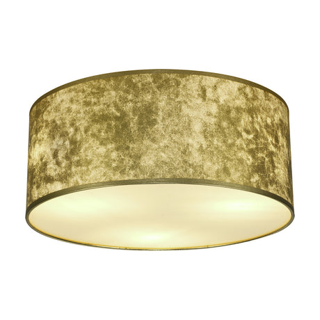 Baymont 3 Light E27 Flush Ceiling Light 50cm in Gold Leaf, a shallow drum shade with white lining and frosted acrylic diffuser, shown on a plain white background.