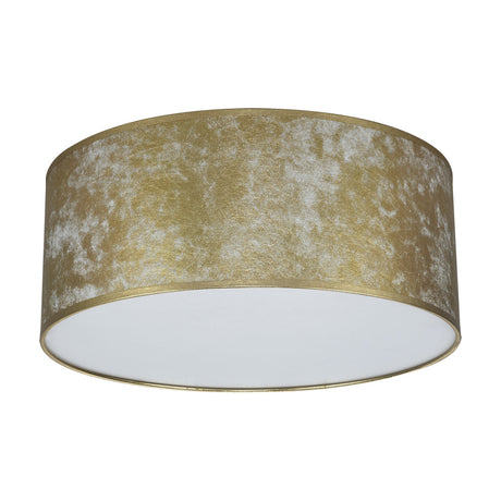 Baymont 3 Light E27 Flush Ceiling Light 50cm in Gold Leaf, a shallow drum shade with textured gold finish and white interior lining, shown on a plain white background.