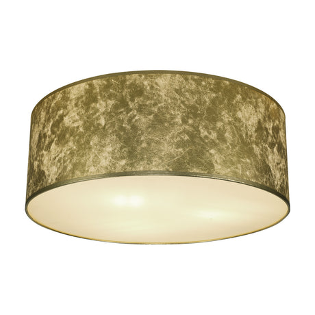 Baymont 3 Light E27 Flush Ceiling Light 60cm, a wide drum-shaped fixture with a gold leaf finish, white lining and frosted acrylic diffuser, shown on a plain white background.