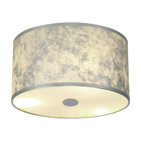 Baymont 3 Light E27 Flush Ceiling Light 30cm in Silver Leaf, a drum-shaped fabric shade with mottled silver finish and illuminated white diffuser base, shown on a plain white background.