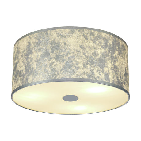 Baymont 3 Light E27 Flush Ceiling Light 40cm in Silver Leaf, a wide drum shade with mottled silver-grey fabric exterior and frosted acrylic diffuser lit from within, shown on a plain white background.
