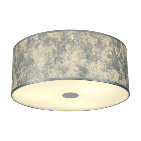 Baymont 3 Light E27 Flush Ceiling Light 50cm in silver leaf finish with mottled fabric drum shade and frosted acrylic diffuser, shown on a plain white background.