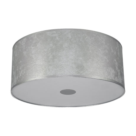 Baymont 3 Light E27 Flush Ceiling Light 50cm in Silver Leaf, a wide drum shade with white lining and frosted acrylic diffuser, shown on a plain white background.