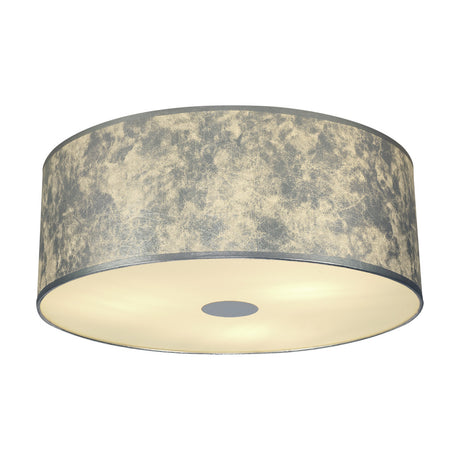 Baymont 3 Light E27 Flush Ceiling Light 60cm in Silver Leaf, a wide drum-shaped fixture with mottled silver finish and frosted acrylic diffuser, shown on a plain white background.