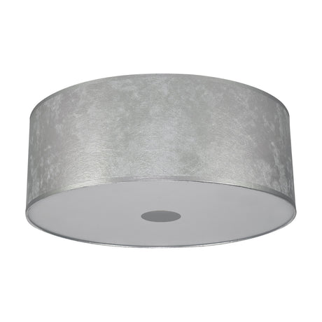 Baymont 60cm 3 Light E27 flush ceiling light with a wide silver leaf drum shade and frosted acrylic diffuser, shown on a plain white background.