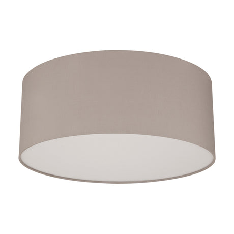 Baymont 5 Light Flush Ceiling Light, a wide grey faux silk drum shade with frosted acrylic diffuser, 50cm diameter, shown on a plain white background.