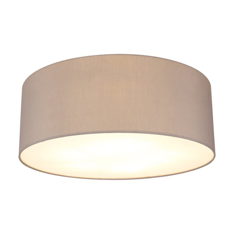 Baymont 5 Light E27 Flush Ceiling Light 60cm in Grey, a wide drum shade with fabric exterior, white interior and frosted acrylic diffuser, shown on a plain white background.