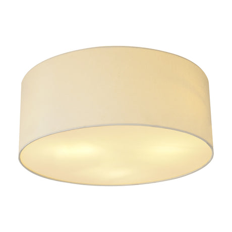 Baymont 5 Light E27 Flush Ceiling Light 50cm in ivory pearl, a shallow fabric drum shade with white diffuser underside, shown lit on a plain white background.