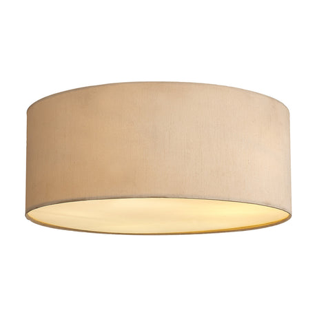 Baymont 5 Light E27 Flush Ceiling Light 50cm in nude beige fabric drum with frosted acrylic diffuser, shown on a plain white background.