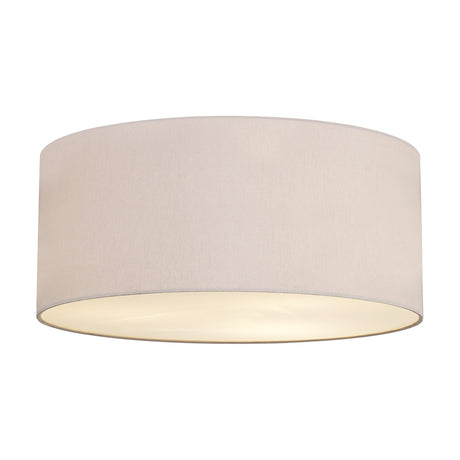 Baymont 5 Light E27 Flush Ceiling Light 60cm in nude beige fabric drum shade with frosted diffuser underside, shown on a plain white background.