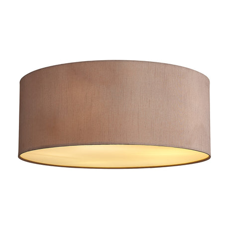Baymont 5 Light Flush Ceiling Light in taupe faux silk with gold lining and frosted diffuser, a 50cm drum-shaped fixture shown on a plain white background.