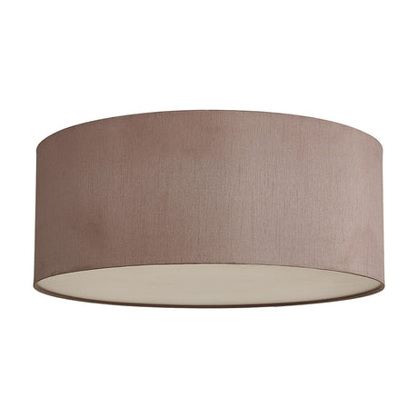 Baymont 5 Light Flush Ceiling Light, 50cm taupe faux silk drum shade with frosted acrylic diffuser, shown on a plain white background.
