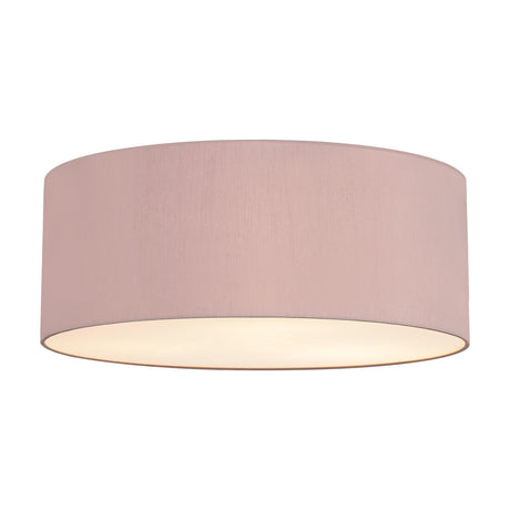 Baymont 5 Light Flush Ceiling Light, 60cm drum-shaped taupe fabric shade with frosted acrylic diffuser glowing white, shown on a plain white background.