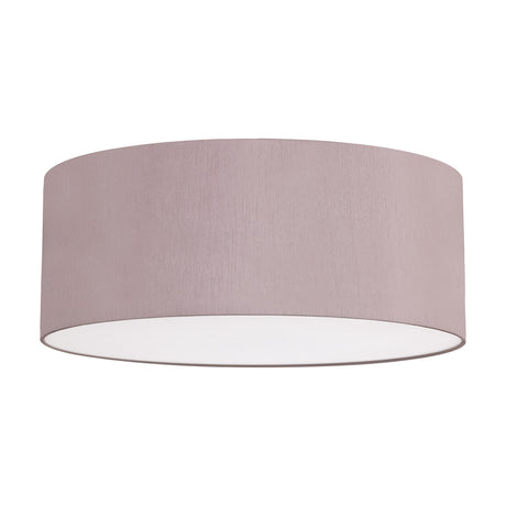 Baymont 5 Light Flush Ceiling Light, a 60cm drum-shaped taupe faux silk shade with frosted acrylic diffuser, shown on a plain white background.